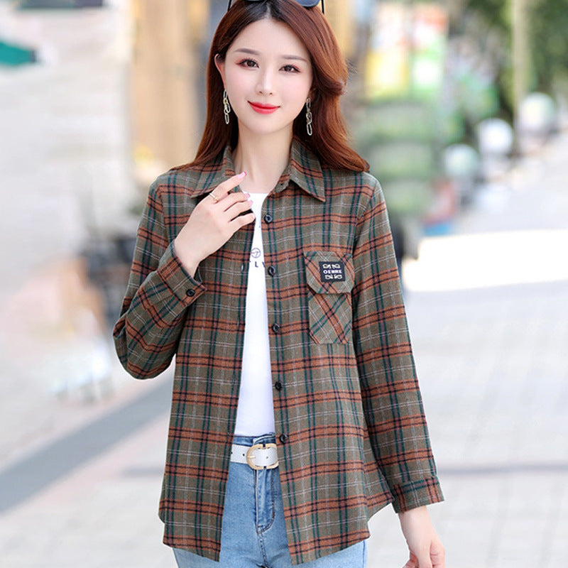 Autumn Plaid Shirt Women's Cotton Long-sleeved Brushed Vintage Coat