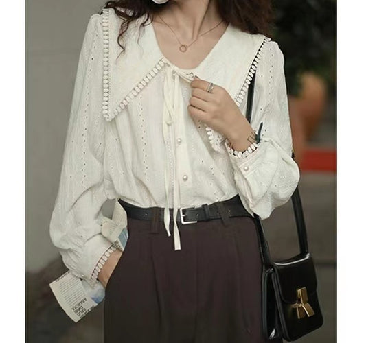 French Style Large Pointed Collar Shirt Women's Early Spring Design