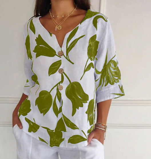 Women's Printed Cotton And Linen V-neck Seven Part Sleeve Top Shirt Casual Shirt