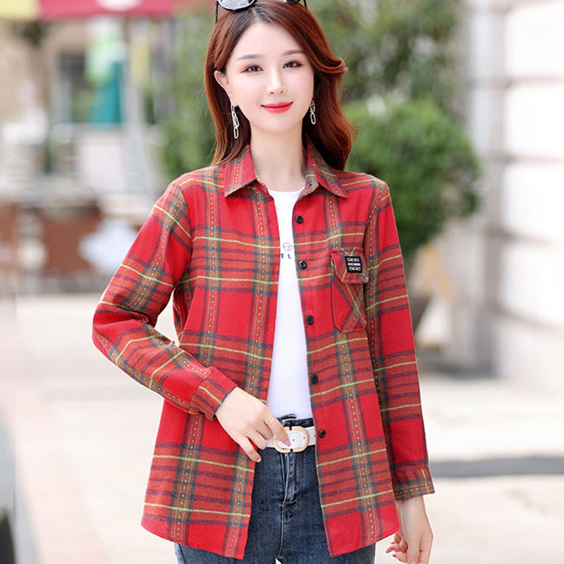 Autumn Plaid Shirt Women's Cotton Long-sleeved Brushed Vintage Coat