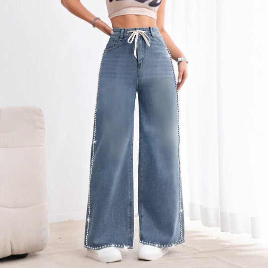 Retro Wide Leg Washed Beaded Drawstring High Waist Jeans