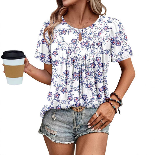 Floral Print Round Neck T Hole Flower Female