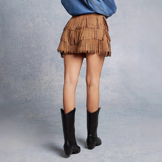 Women's Solid Color High Waisted Western Imitation Suede Tassel Layered Short Skirt