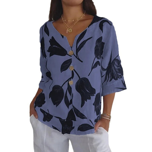Women's Printed Cotton And Linen V-neck Seven Part Sleeve Top Shirt Casual Shirt