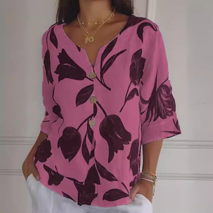 Women's Printed Cotton And Linen V-neck Seven Part Sleeve Top Shirt Casual Shirt