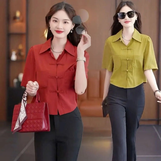 Chinese Style Summer Loose Solid Color Shirt