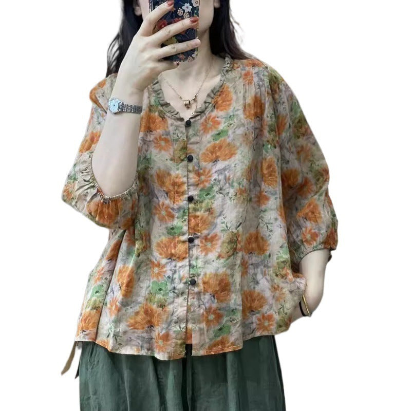 Wooden Ear Cotton And Linen Shirt Casual Collar Top