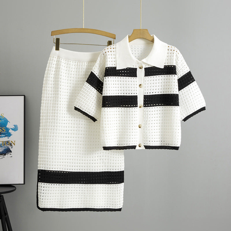 Knitted Short-sleeved Cardigan Midi Skirt Two-piece Set