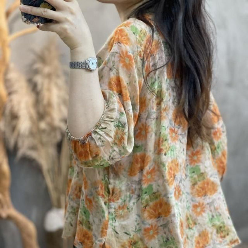 Wooden Ear Cotton And Linen Shirt Casual Collar Top