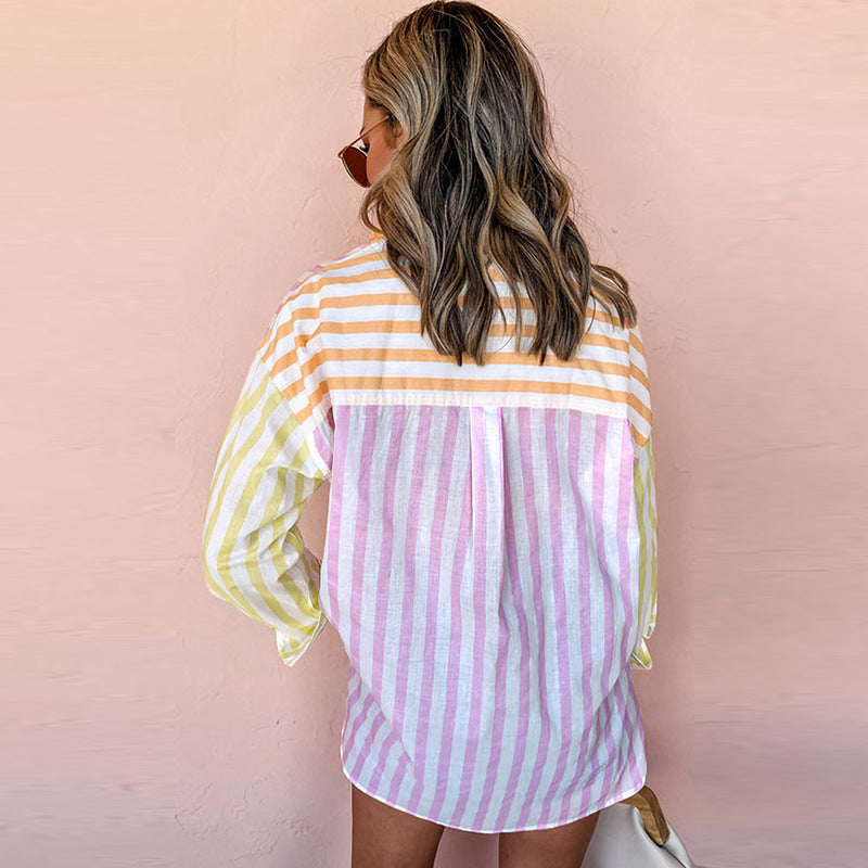 Single Row Multi-buckle Shirt Contrast Color Long Sleeves Top