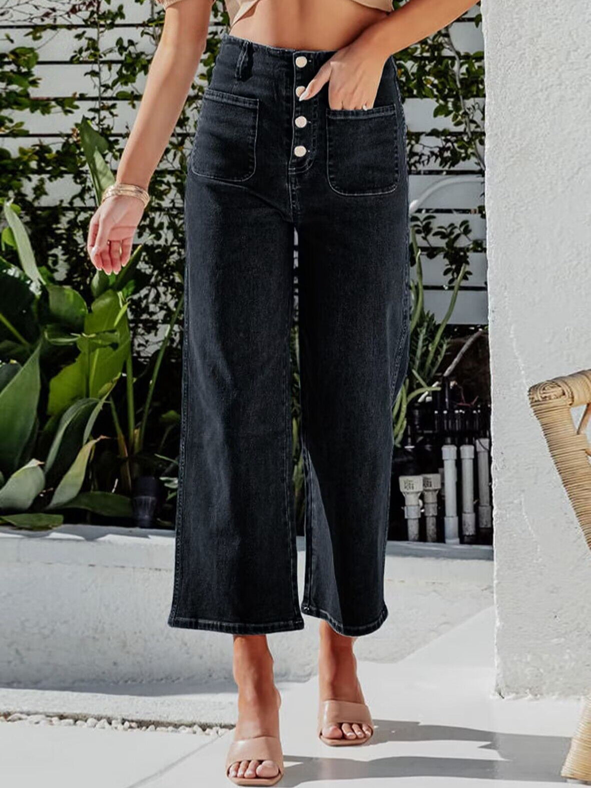 Retro Loose Straight Single Row Ornament High Waist Wide Leg Women's Jeans