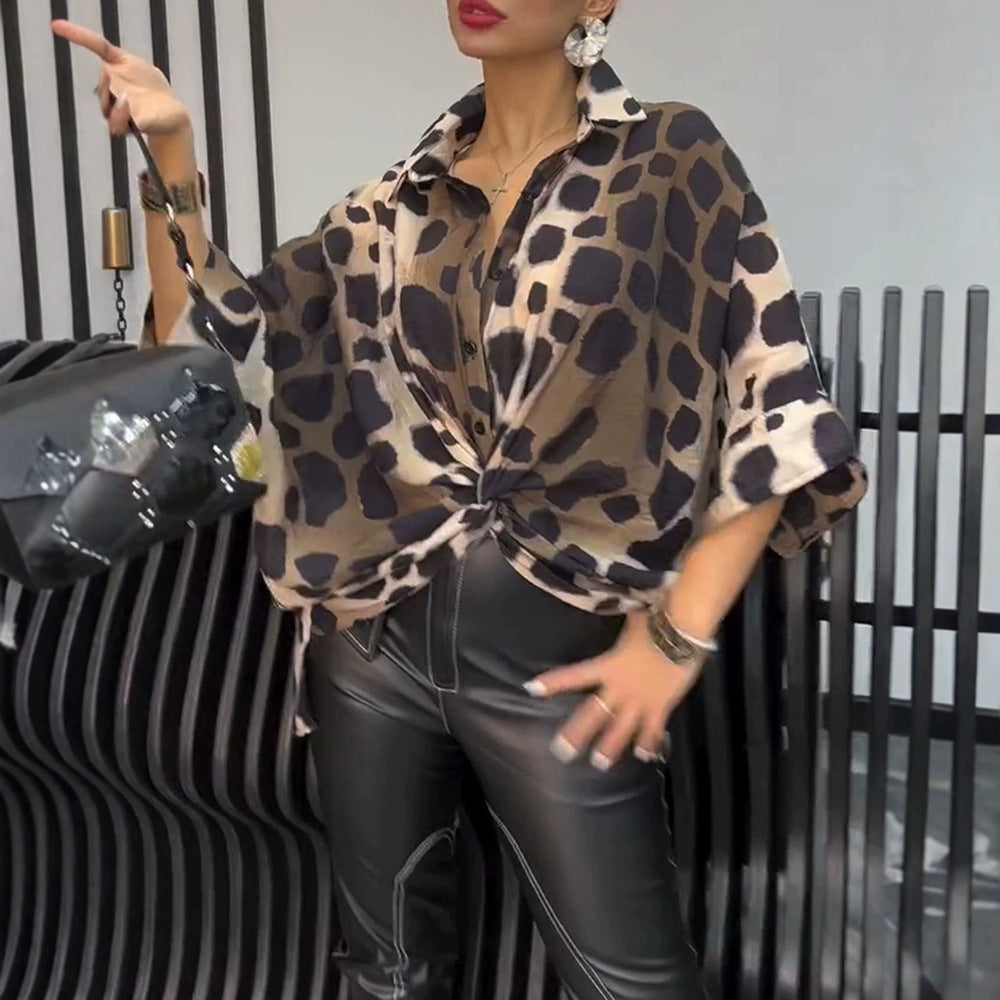 Solid Color Off-shoulder Top Leopard Print Loose 34 Sleeve