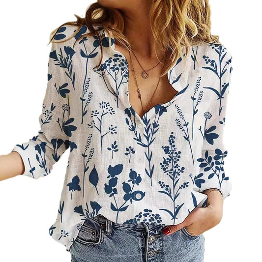 Women's 3D Digital Printing Lapel Collar Long-sleeved Shirt