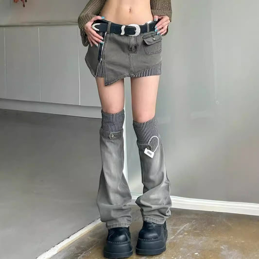 Washed-out Vintage Vintage Color Stitching Denim Skirt Slimming Leg Warmer Two-piece Set