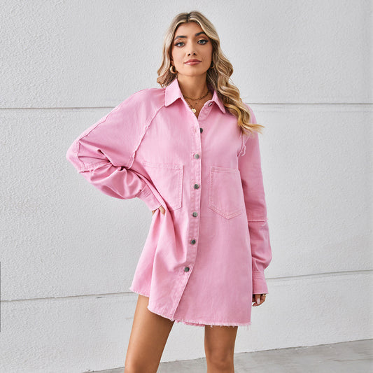 Washed Raw Edge Denim Dress Stitching Long-sleeved Cardigan