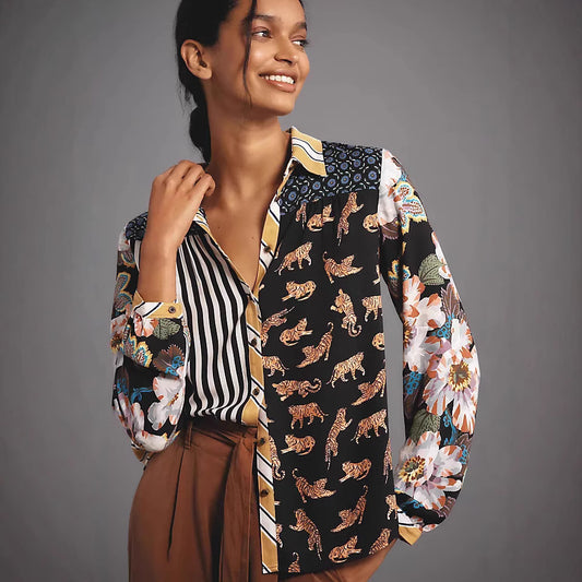 Print Lapel Long Sleeve Shirt Women's