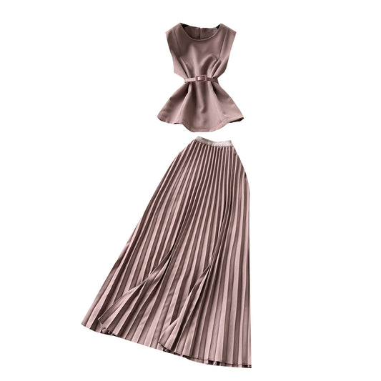 Round Neck Sleeveless Top High Waist Drooping Pleated Skirt Suit