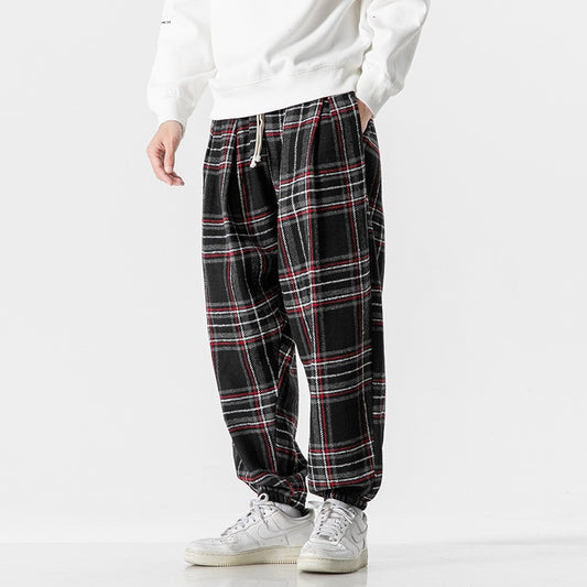 Hong Kong Style Plus Size Woolen Casual Harlan Plaid Pants