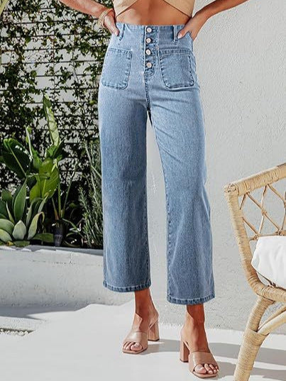 Retro Loose Straight Single Row Ornament High Waist Wide Leg Women's Jeans