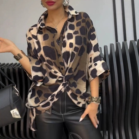 Solid Color Off-shoulder Top Leopard Print Loose 34 Sleeve