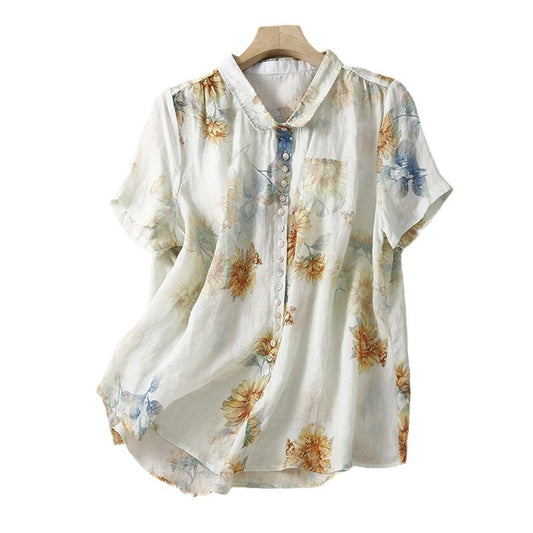 Lady Literature Ramie Short Sleeve Printed Shirt Top