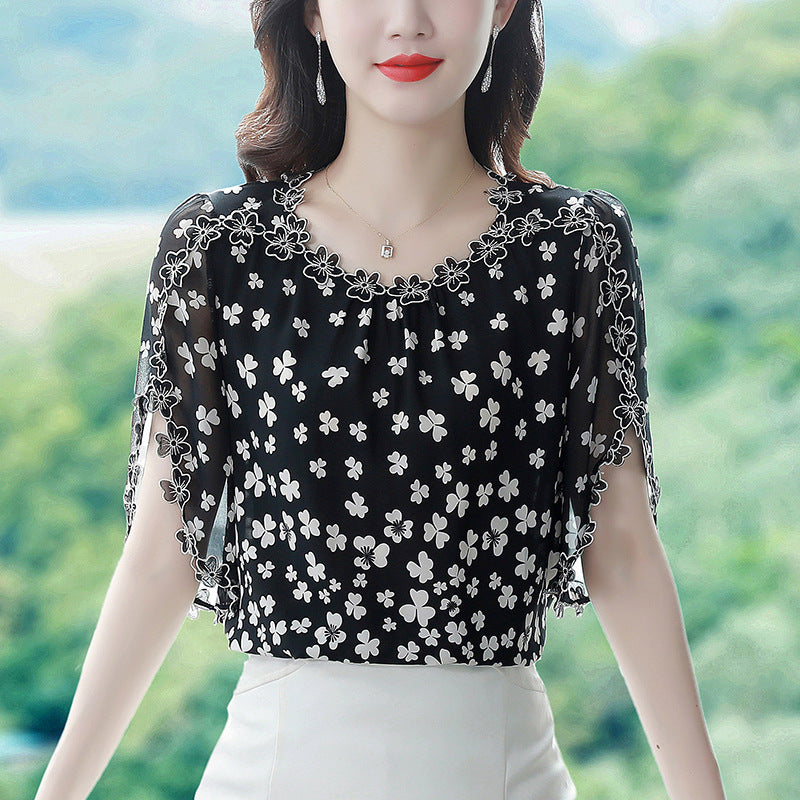 Embroidery Floral Shirt Fashion Chiffon Short Sleeve