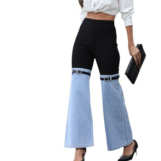 Fashion Slim Knit Denim Stitching Elastic Waist