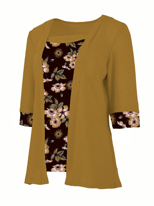 Women's Fake Two-piece Five-quarter Sleeve Printed Top T-shirt