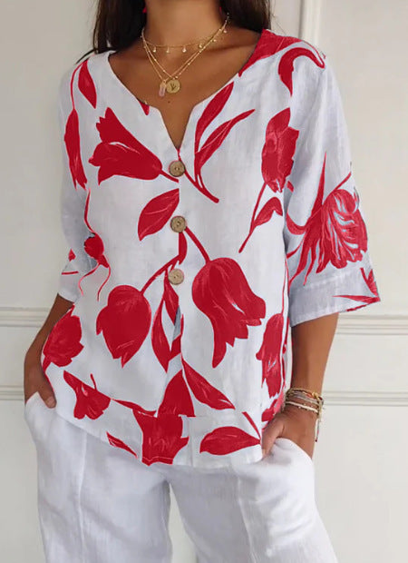 Women's Printed Cotton And Linen V-neck Seven Part Sleeve Top Shirt Casual Shirt