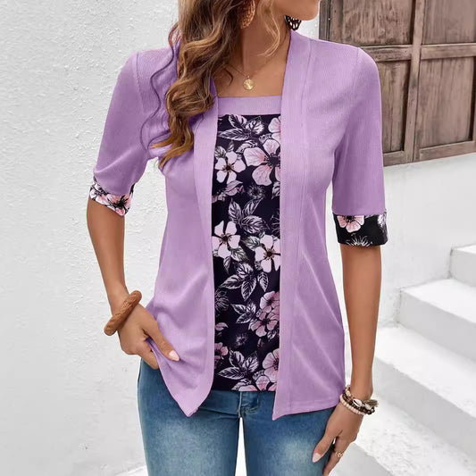 Women's Fake Two-piece Five-quarter Sleeve Printed Top T-shirt