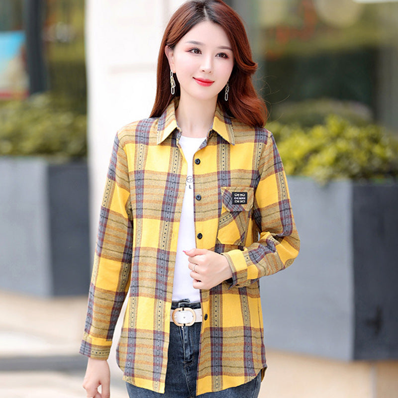 Autumn Plaid Shirt Women's Cotton Long-sleeved Brushed Vintage Coat