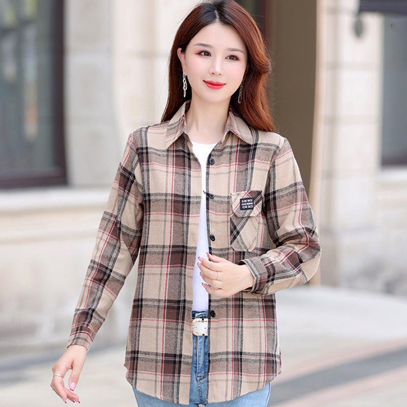 Autumn Plaid Shirt Women's Cotton Long-sleeved Brushed Vintage Coat