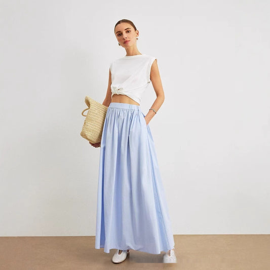 Blue Temperament Leisure Skirt Pleated High Waist