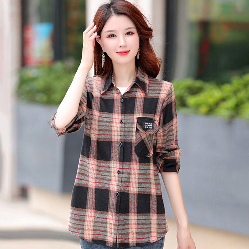 Autumn Plaid Shirt Women's Cotton Long-sleeved Brushed Vintage Coat