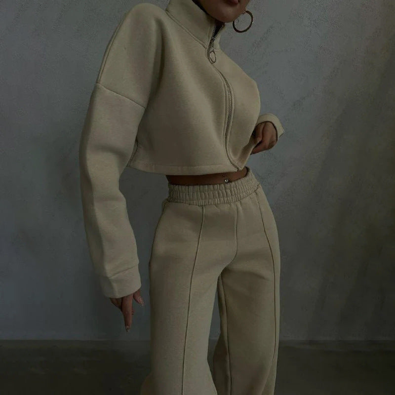 Solid Color Round Neck Pullover Long Sleeve Sweater Fashion Casual Trousers Suit