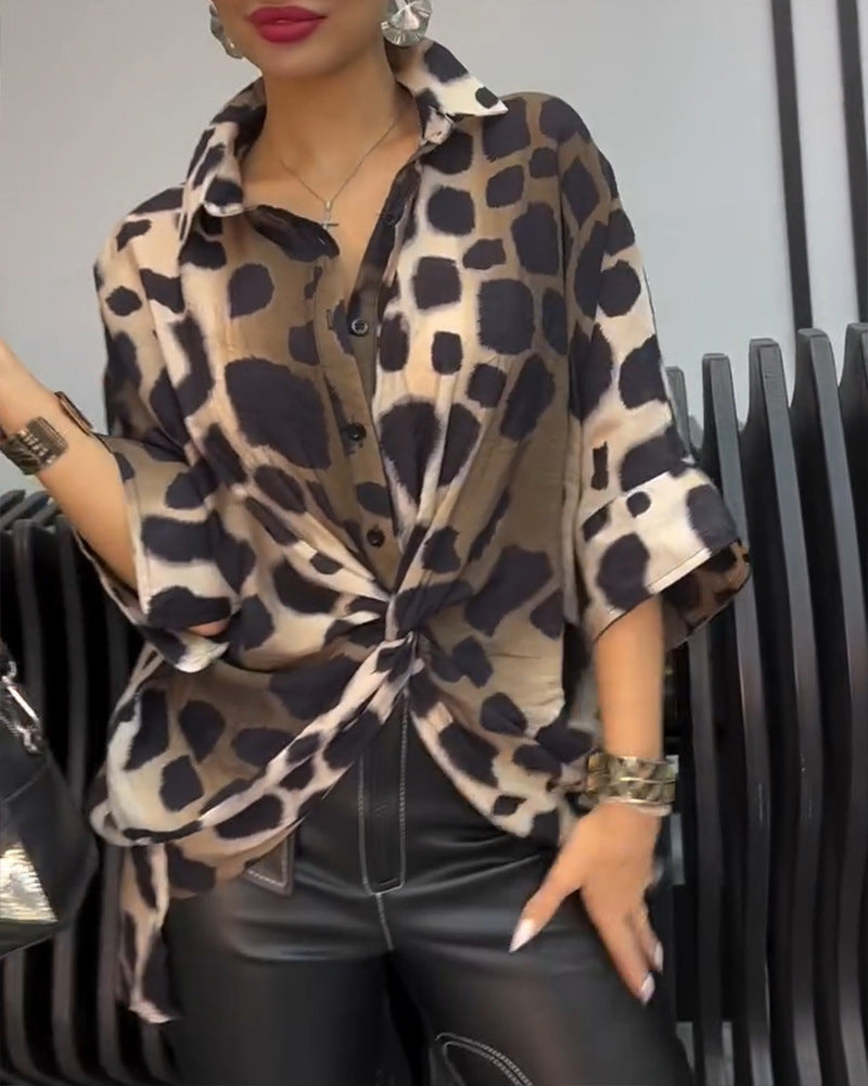 Solid Color Off-shoulder Top Leopard Print Loose 34 Sleeve