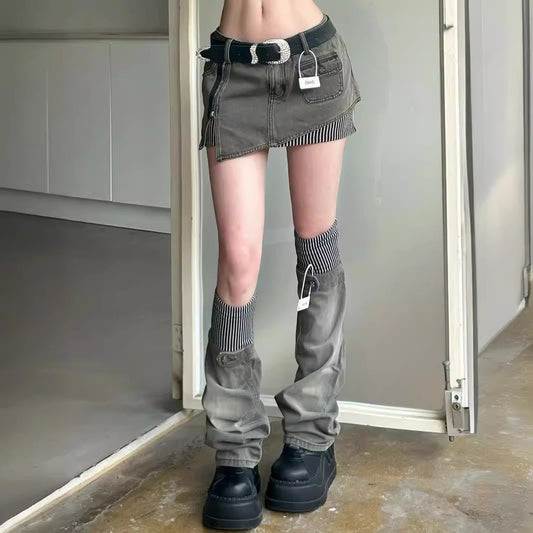 Washed-out Vintage Vintage Color Stitching Denim Skirt Slimming Leg Warmer Two-piece Set