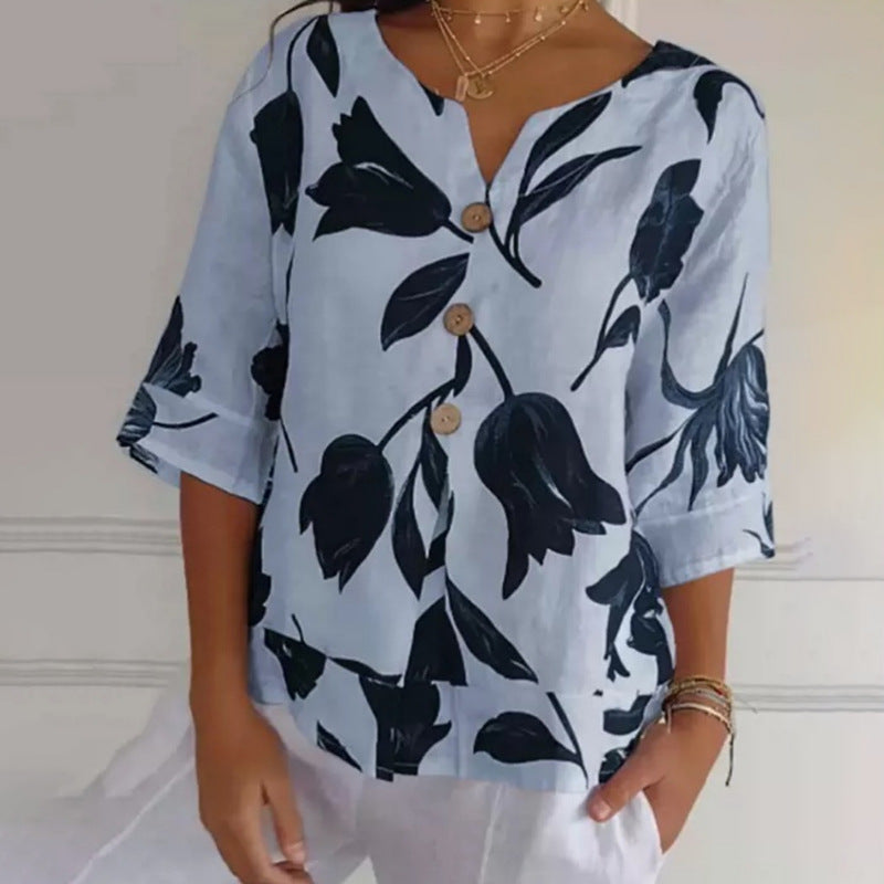 Women's Printed Cotton And Linen V-neck Seven Part Sleeve Top Shirt Casual Shirt