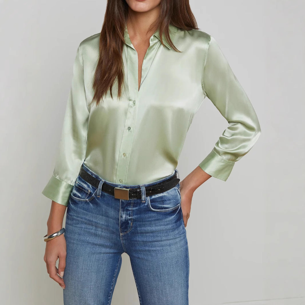 Satin Rayon Shirt Women's Solid Color Top Elegant Lapel