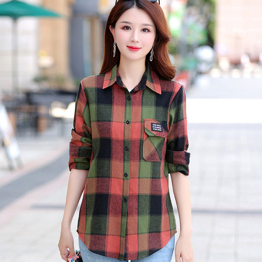Autumn Plaid Shirt Women's Cotton Long-sleeved Brushed Vintage Coat