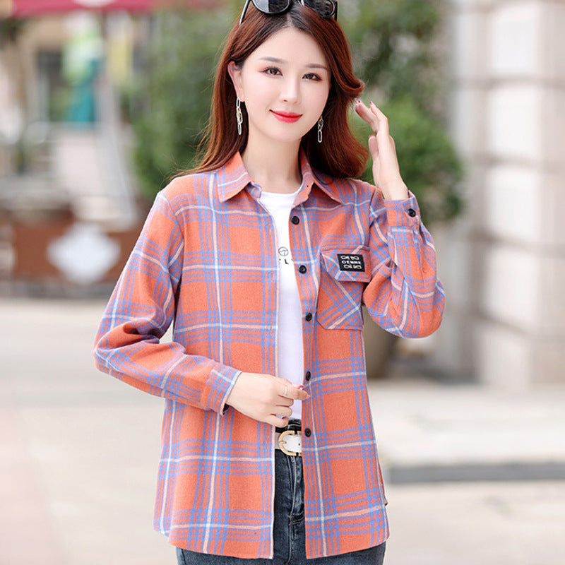 Autumn Plaid Shirt Women's Cotton Long-sleeved Brushed Vintage Coat