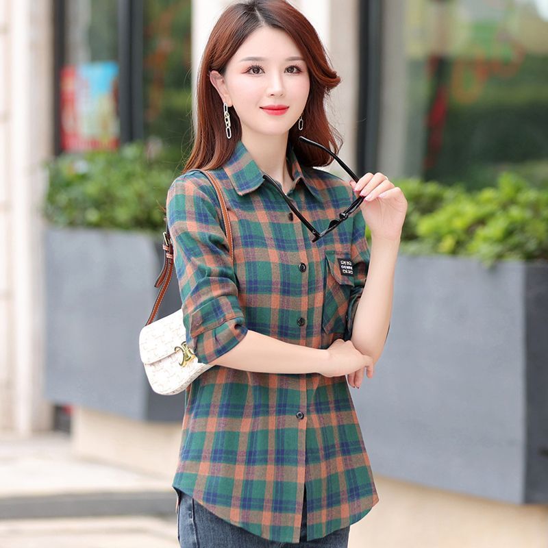 Autumn Plaid Shirt Women's Cotton Long-sleeved Brushed Vintage Coat
