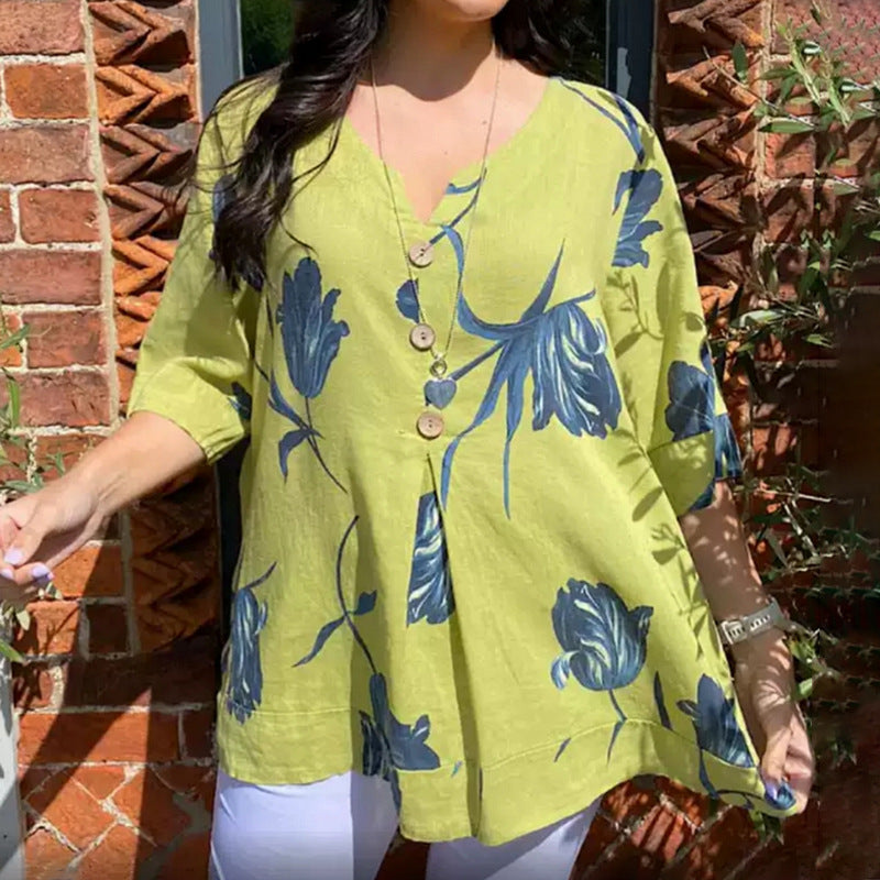 Women's Printed Cotton And Linen V-neck Seven Part Sleeve Top Shirt Casual Shirt